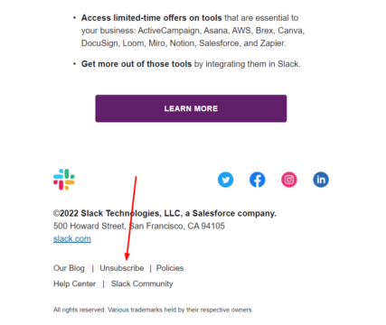 example of slack using unsubscribe option