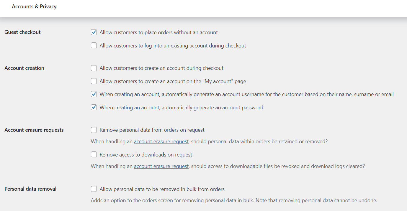 Accounts and privacy section in Woocommerce