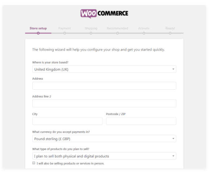 setting up of Woocommerce store profiler