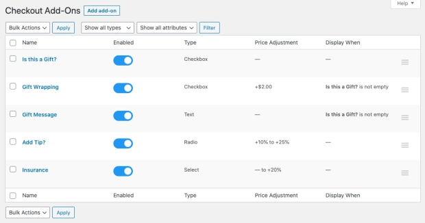 WooCommerce Checkout Add-ons plugin dashboard