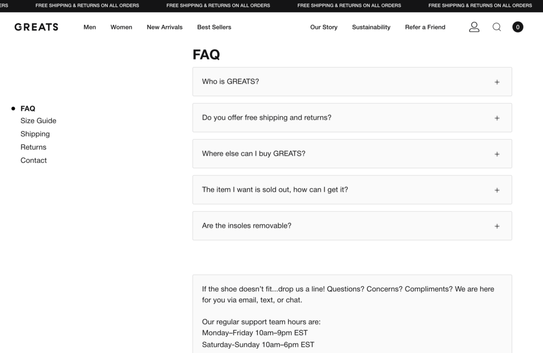an example of FAQ section for ecommerce store