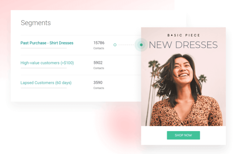 Two panels showing Omnisend campaign segments and smiling woman