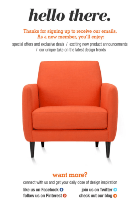 Welcome email with image of orange chair