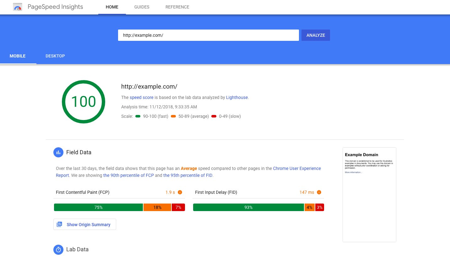 PageSpeed Insights showing website site speed
