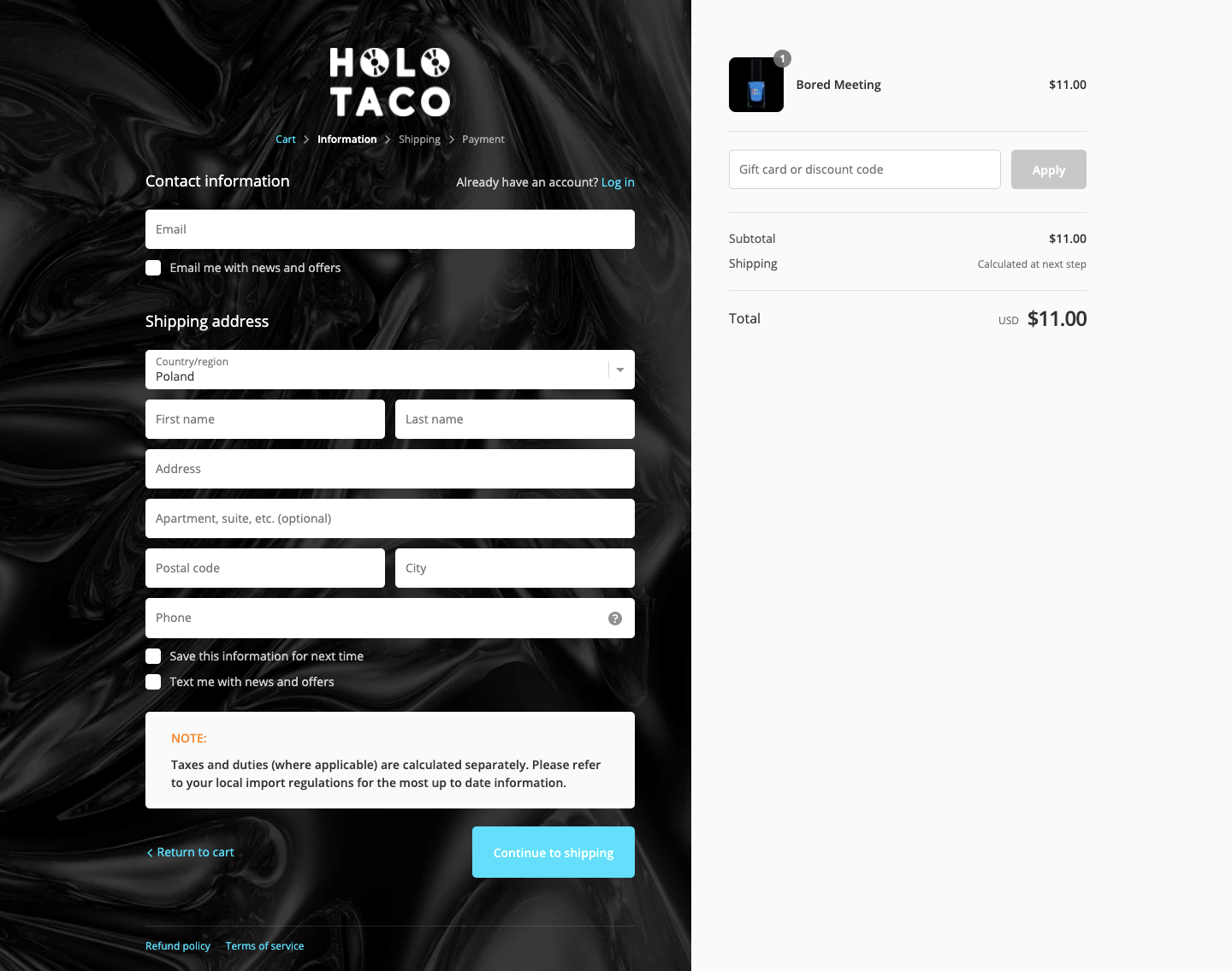 HoloTaco branded checkout page