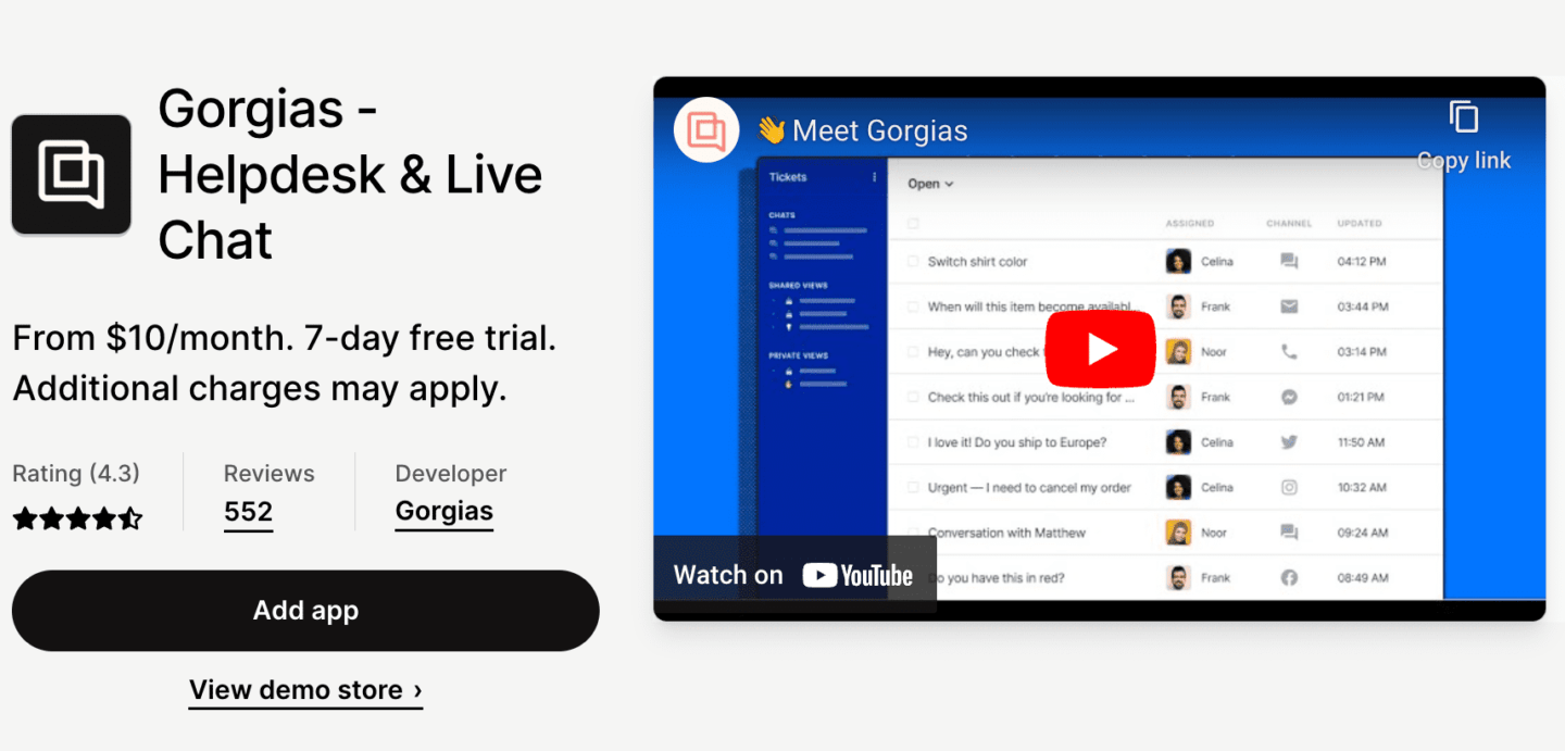 Gorgias Shopify app