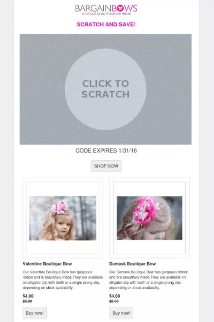 Bargain Bows email with scratch card