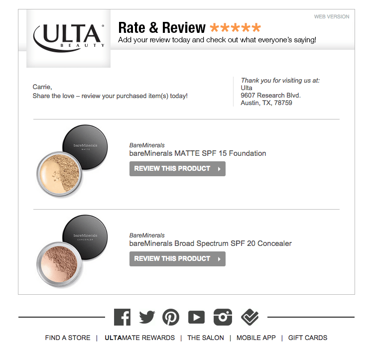 woocommerce follow up email example ultra beauty
