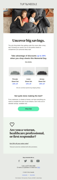 Memorial Day email example by Tuft & Needle