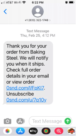 An order confirmation SMS from Baking Steel