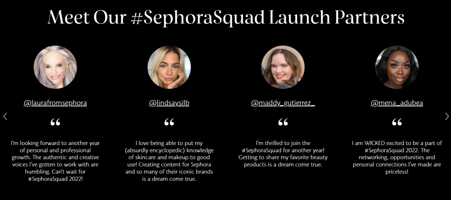 Text testimonials (quotes) from Sephora Squad members explaining why they love being a part of this group. 