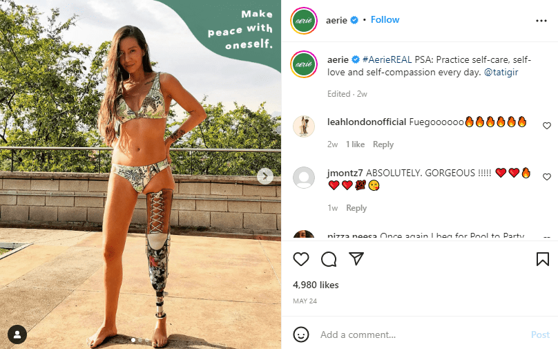 Aerie shared the post from their Instagram feed that promotes self-positivity and self-love