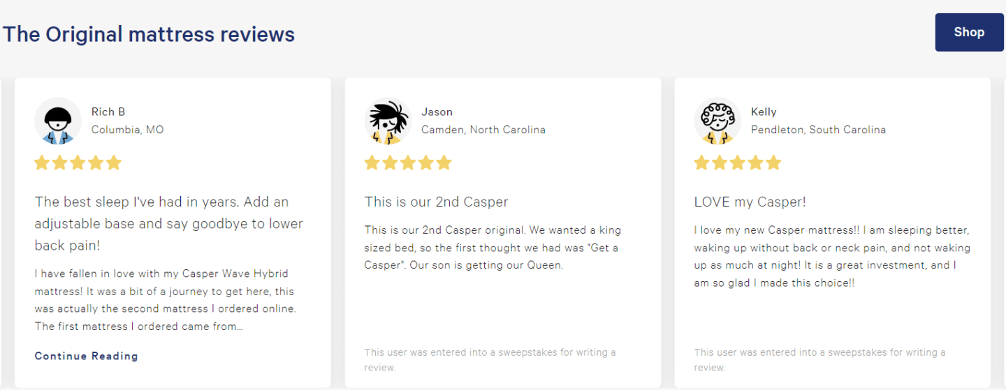 Casper displays their customer testimonials along with the star rating for the product.