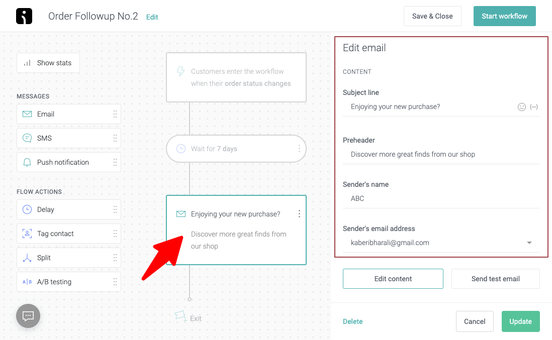 process of setting up order followup emails and adding images