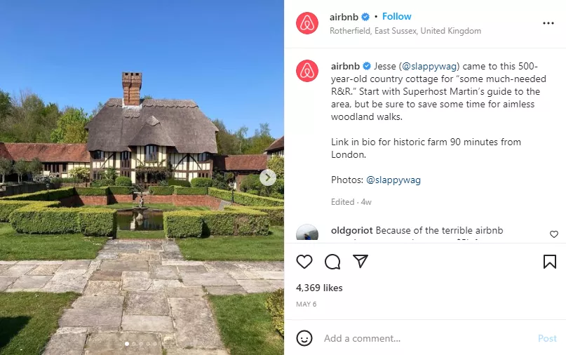 Instagram post by Airbnb which provides a personalized tip from the customer for a stay at a vintage B&B property