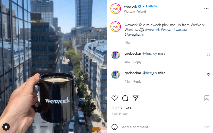The image that Wework company shared from one of their customers based in Warsaw flaunting a coffee mug from WeWork