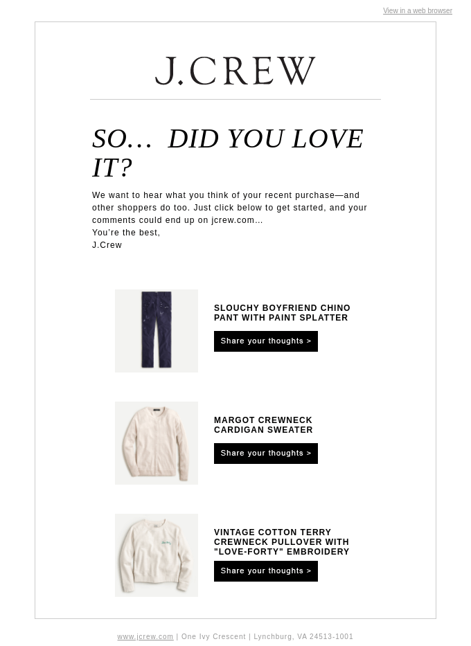 J. Crew email asking to leave a review