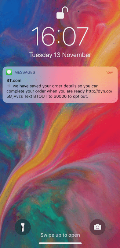 sms with a reminder to finish the order