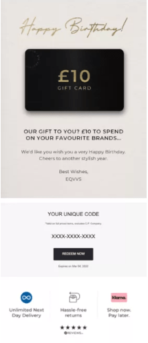 happy birthday email with a gift card