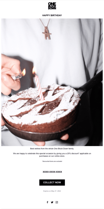 birthday email example from hip clothing retailer One Block Down