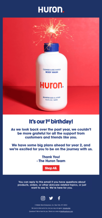 birthday email example by Huron