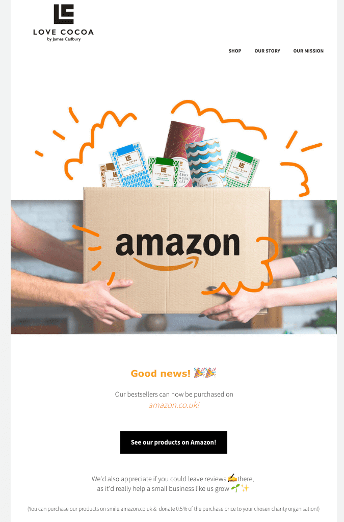 Love Cocoa email ("We are now on Amazon.co.uk")
