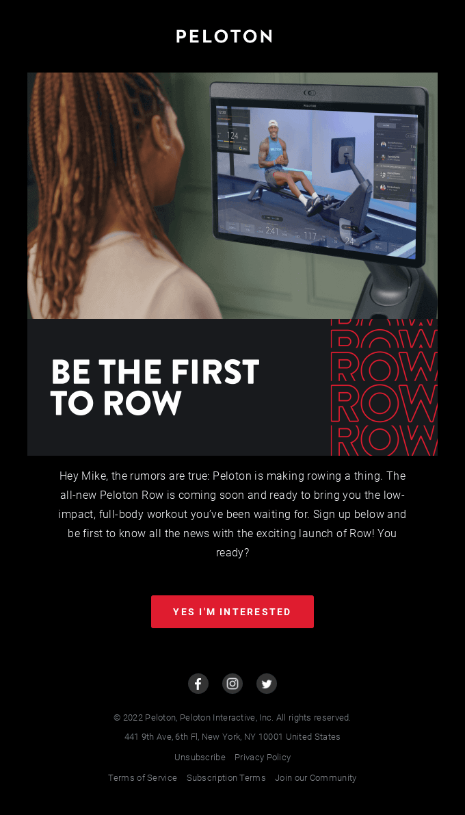 Peloton's new product launch announcement email