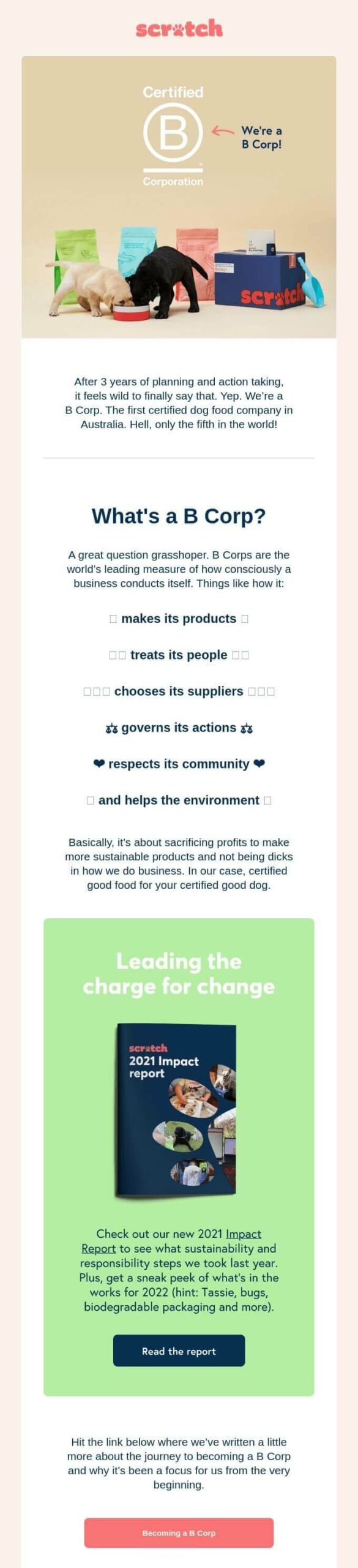 Scratch’s “We’re a B Corp” announcement email