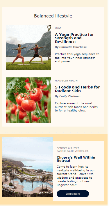 email marketing example from Chopra Living where colors, images, and fonts are in sync with each other