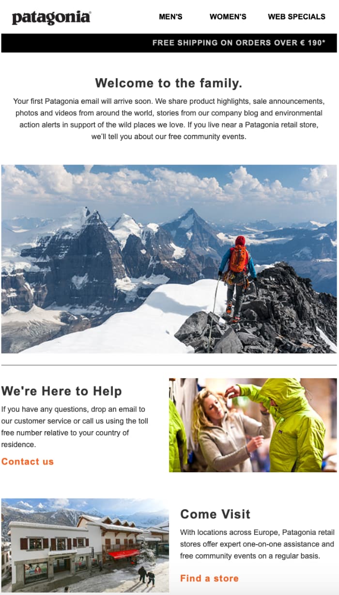 email example from Patagonia by welcoming readers to the Patagonia family