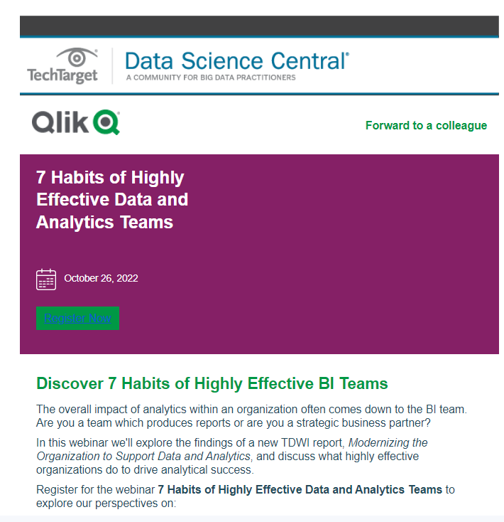 welcome email subject line example: 7 Habits of Highly Effective BI Teams