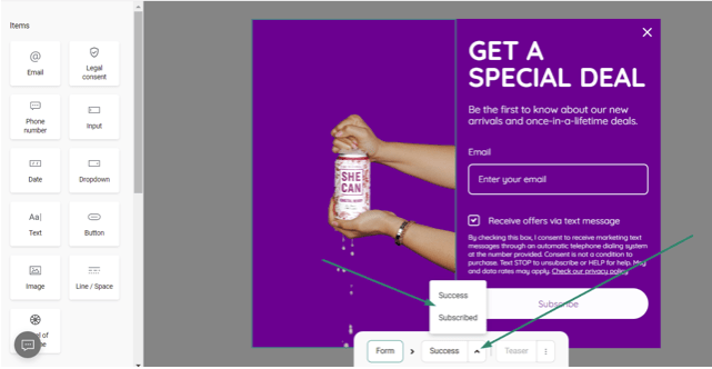 Process of setting up the success message on sign up form