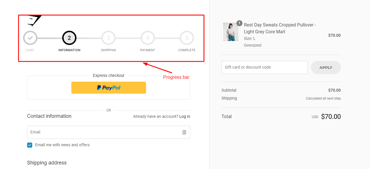 progress bar with numbered steps to let shoppers know where they are in the checkout process