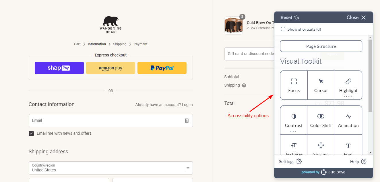 the accessibility options provided by Wandering Bear Coffee on its website