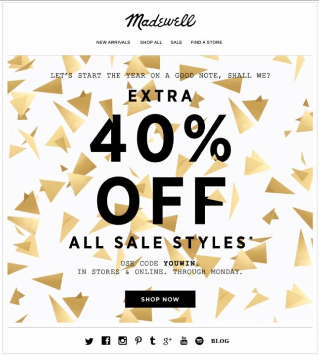 exemple d'e-mail du nouvel an de madewell