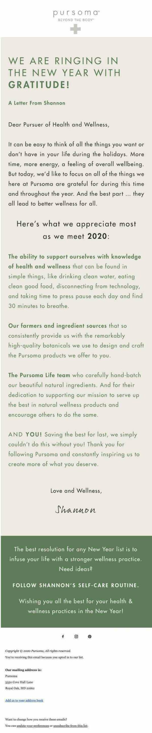 pursoma new year email example