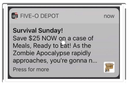 Five-O-Depot’s push notification message 