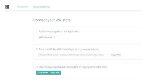 A three-step connection wizard to connect Omnisend and Wix