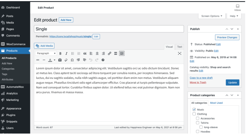 the sections in WordPress for writing the product title and short description.