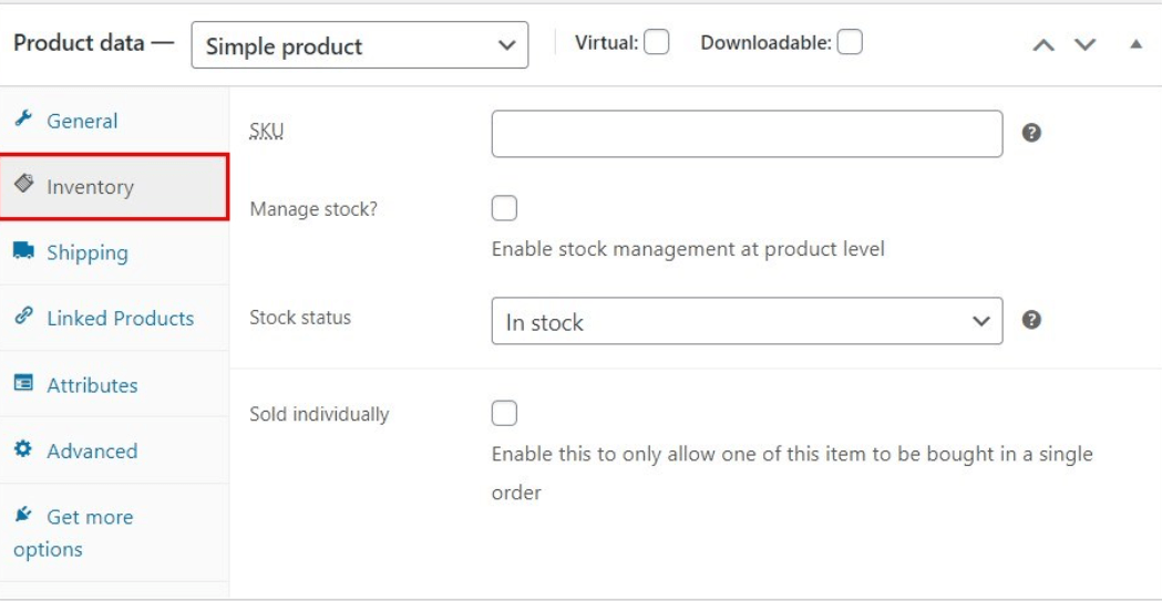 a typical inventory data page in Woocommerce