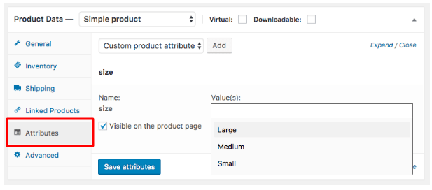 The image shows the attribute page on the WooCommerce dashboard