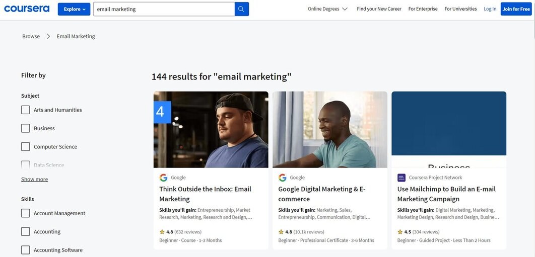 Coursera email marketing courses