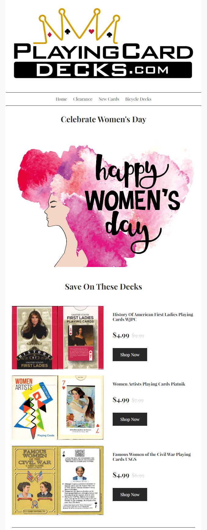 International Women's Day email example from PlayingCardDecks.com