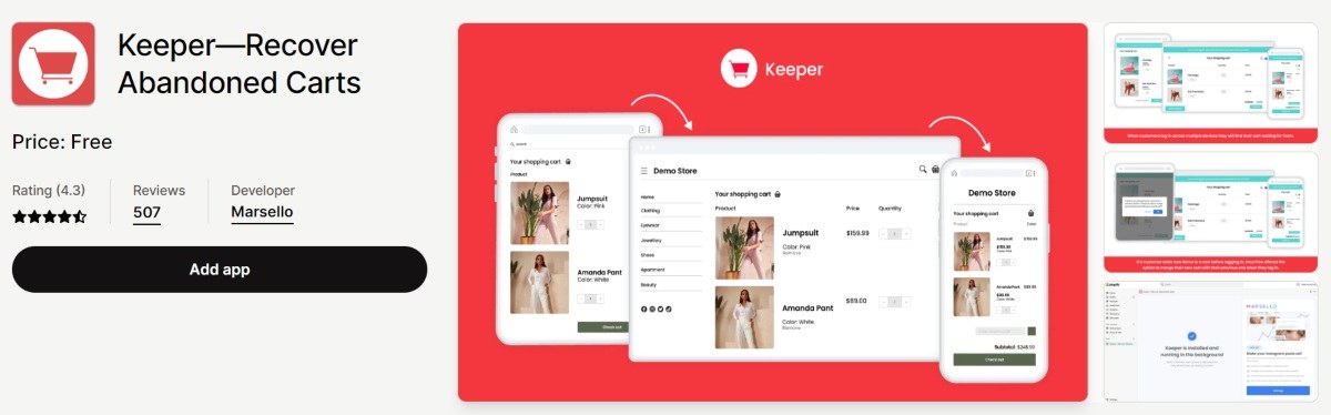 Keeper by Marsello cart abandonment app