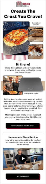 Welcome email example from Baking Steel
