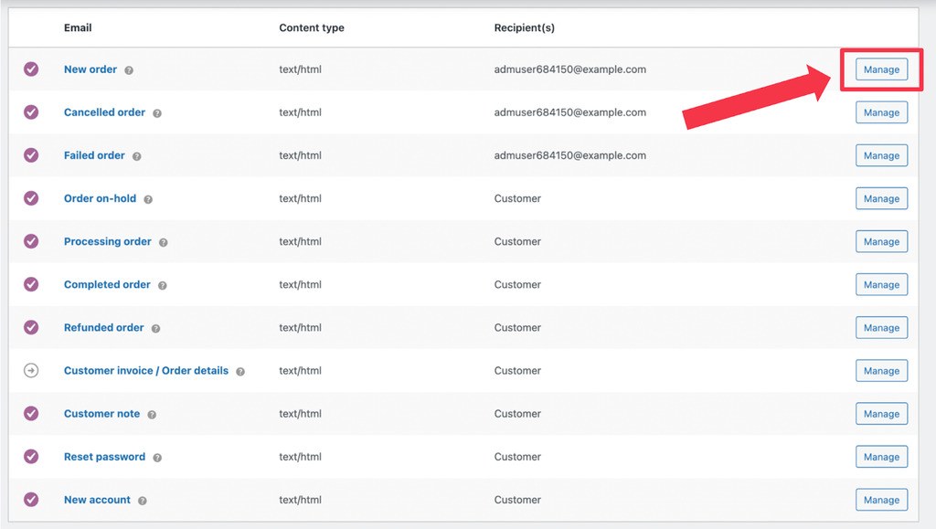 manage woocommerce email types