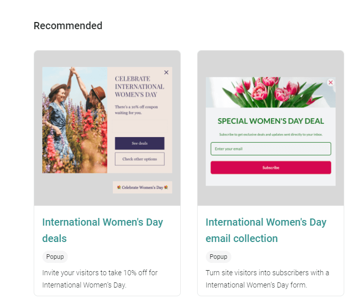 International Women's Day popup templates from Omnisend