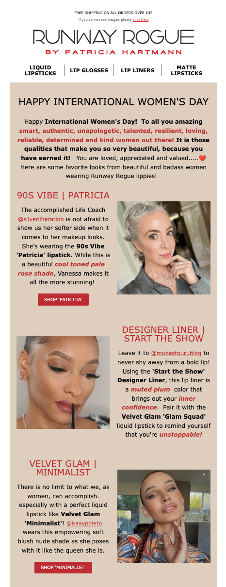 International Women's Day email example from Runway Rogue