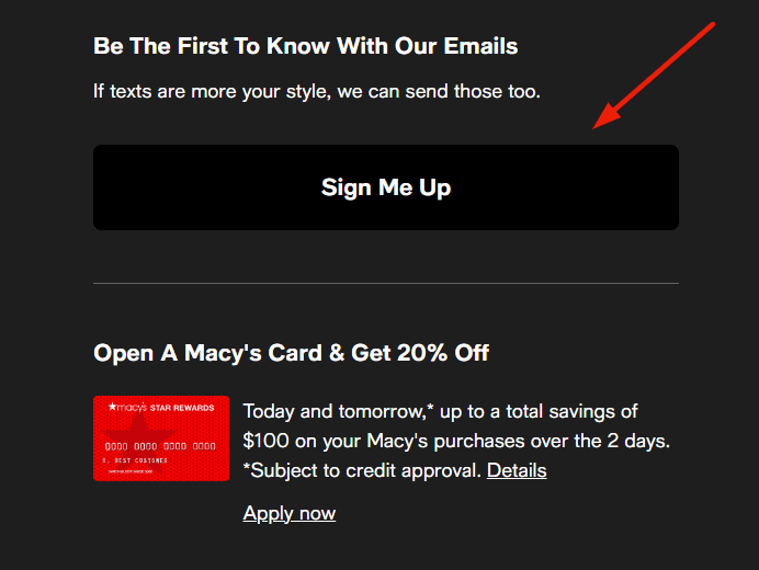 Macy’s signup box