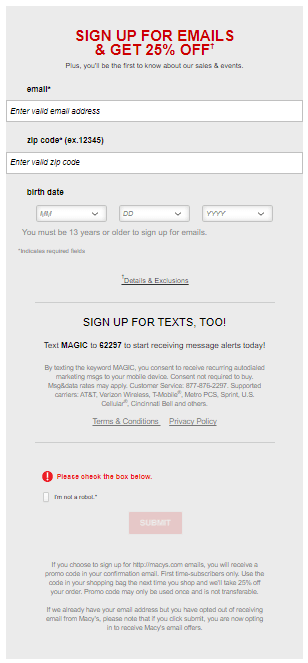 Macy’s signup form